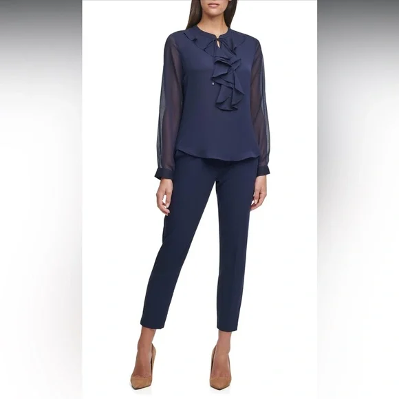 TOMMY HILFIGER Women's Classic Long Sleeve Ruffle Front Blouse Blouse - Midnight - Picture 8 of 11